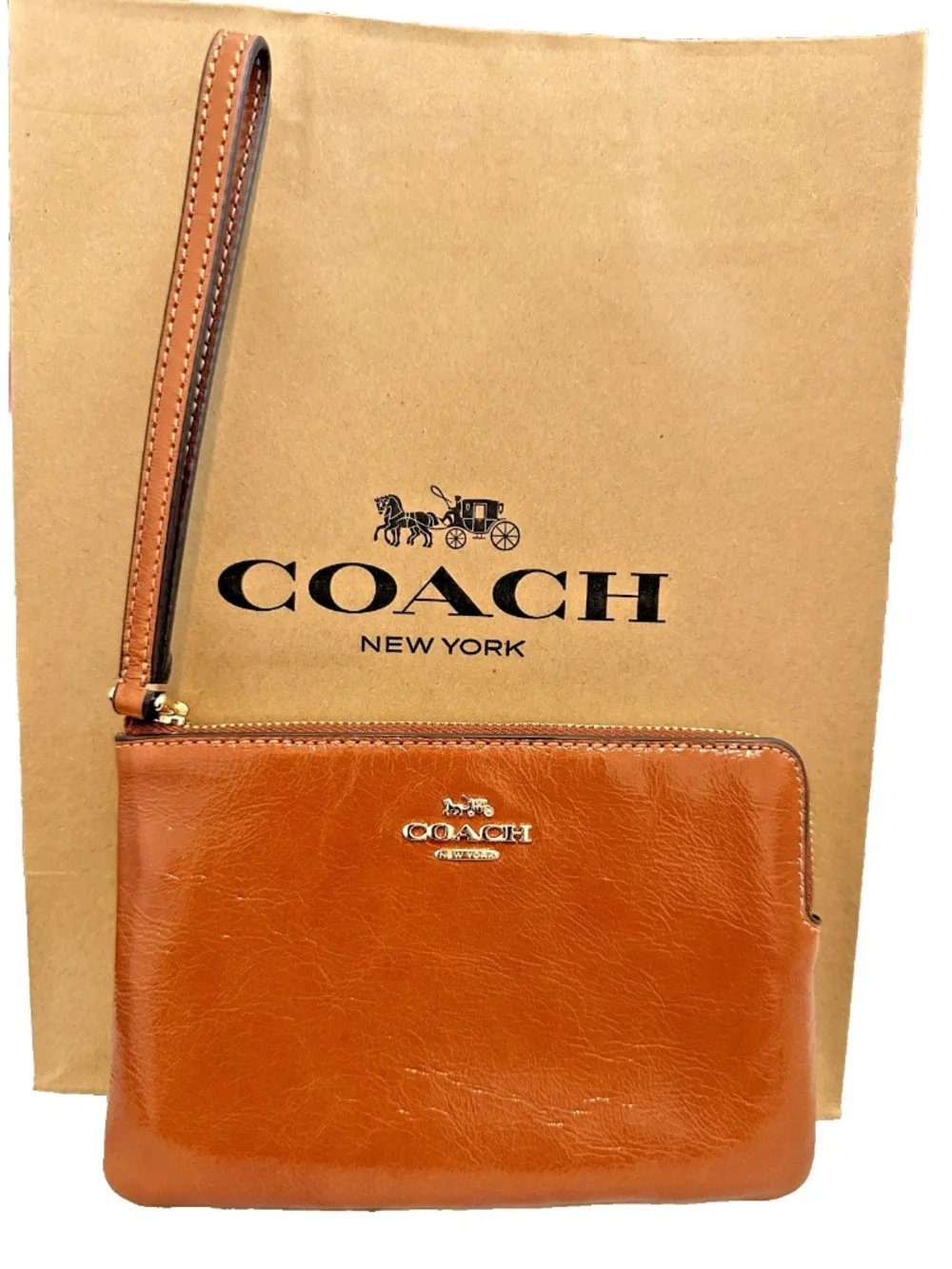 Coach Ashton Wristlet Cinnamon Glazed Shiny Crinkle Leather NWT w/ Paper Bag